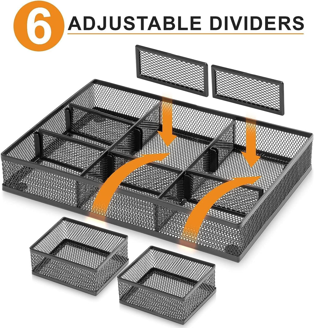 Marbrasse 3 Pack Desk Drawer Organizers with 9 Adjustable Compartments for Makeup, Office Supplies & Accessories (Black)