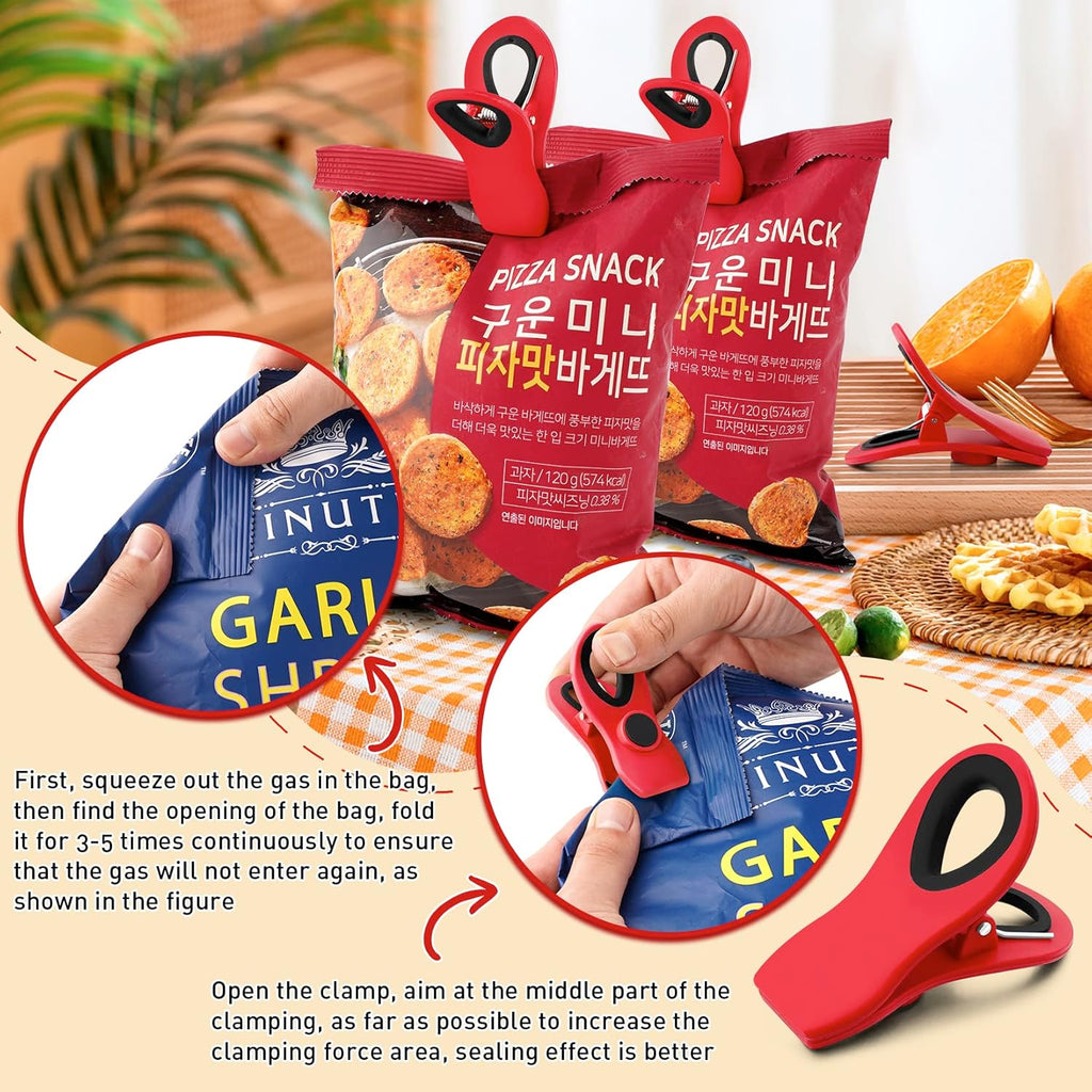 FINDMAG 12 Pack Chip Clips, Red Magnetic Bag Clip for Food Packages, Airtight Clips with Handle Durable Bag Sealers for Metal Surface, Garden, Fridge, Potatoes, Bread, Kitchen