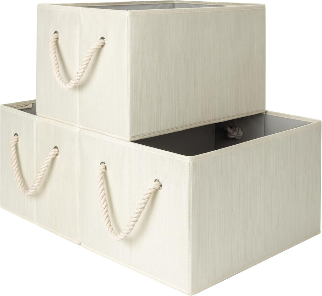 StorageWorks Storage Baskets for Shelves, Foldable Fabric Closet Storage Bins with Handles, Fabric Storage Bins Clothes Organizer, Beige, White & Ivory, 3-Pack, Extra Large