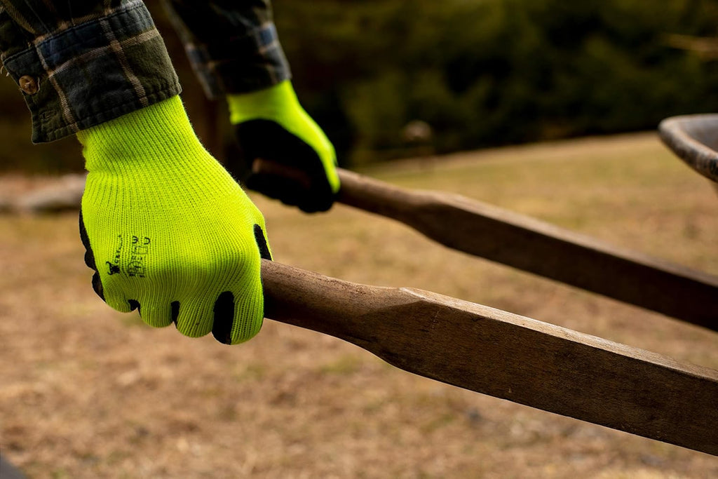 G & F 1516 12 Pairs Pack Premium High Visibility Low emissions Green Work and gardening Gloves for Men and Women.MicroFoam Textured Coated Palm and Fingers Gloves for Gardening Work,Size Large,Green