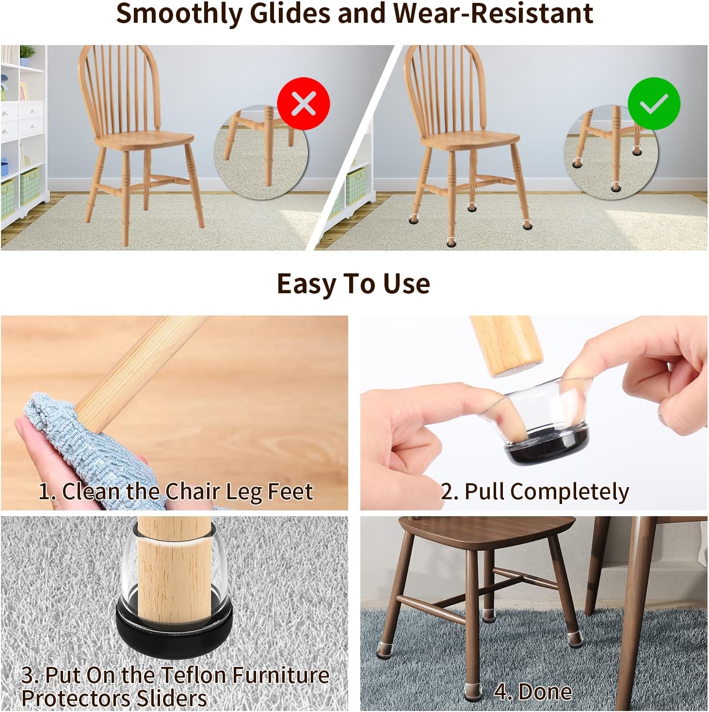Ezprotekt 24 Pcs Clear Chair Leg Sliders for Carpet, Round Teflon Furniture Glides for Rug, Carpet Sliders Protectors Caps for Dining Table Chair, Bar Stool Legs (L Fit: 1-1/10" to 1-3/10")