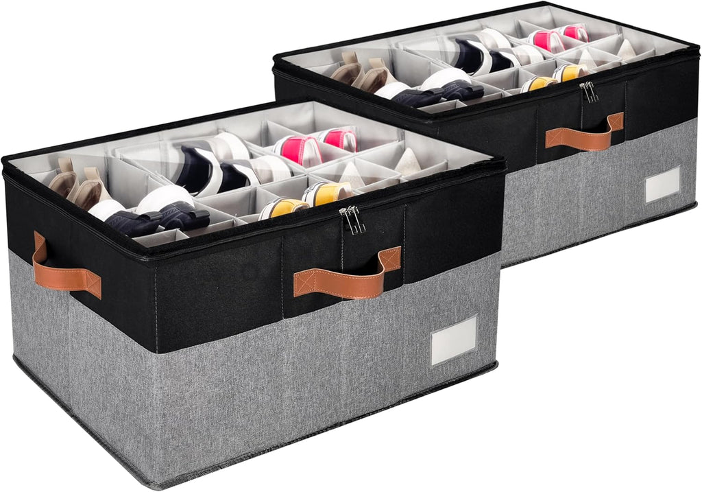 2 Pack Shoe Organizer for Closet, Adjustable Shoe Box Storage Containers, Large Foldable Shoe Bins with Clear Cover, Space Saving Shoes Holder with 4 Handles, Fits 24-48 Pairs, Black