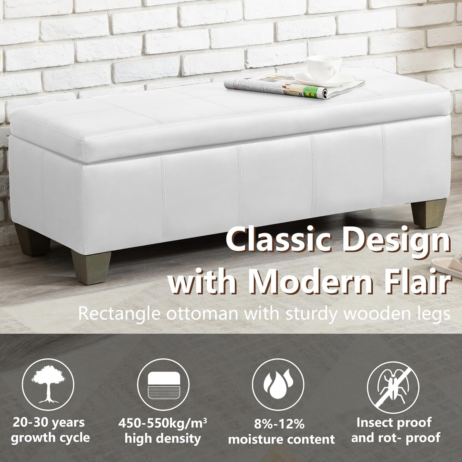 51 Inch Faux Leather Ottoman with Storage, End of Bed Bench with Large Storage, Rectangular Extra Long Bench for Bedroom and Living Room, White