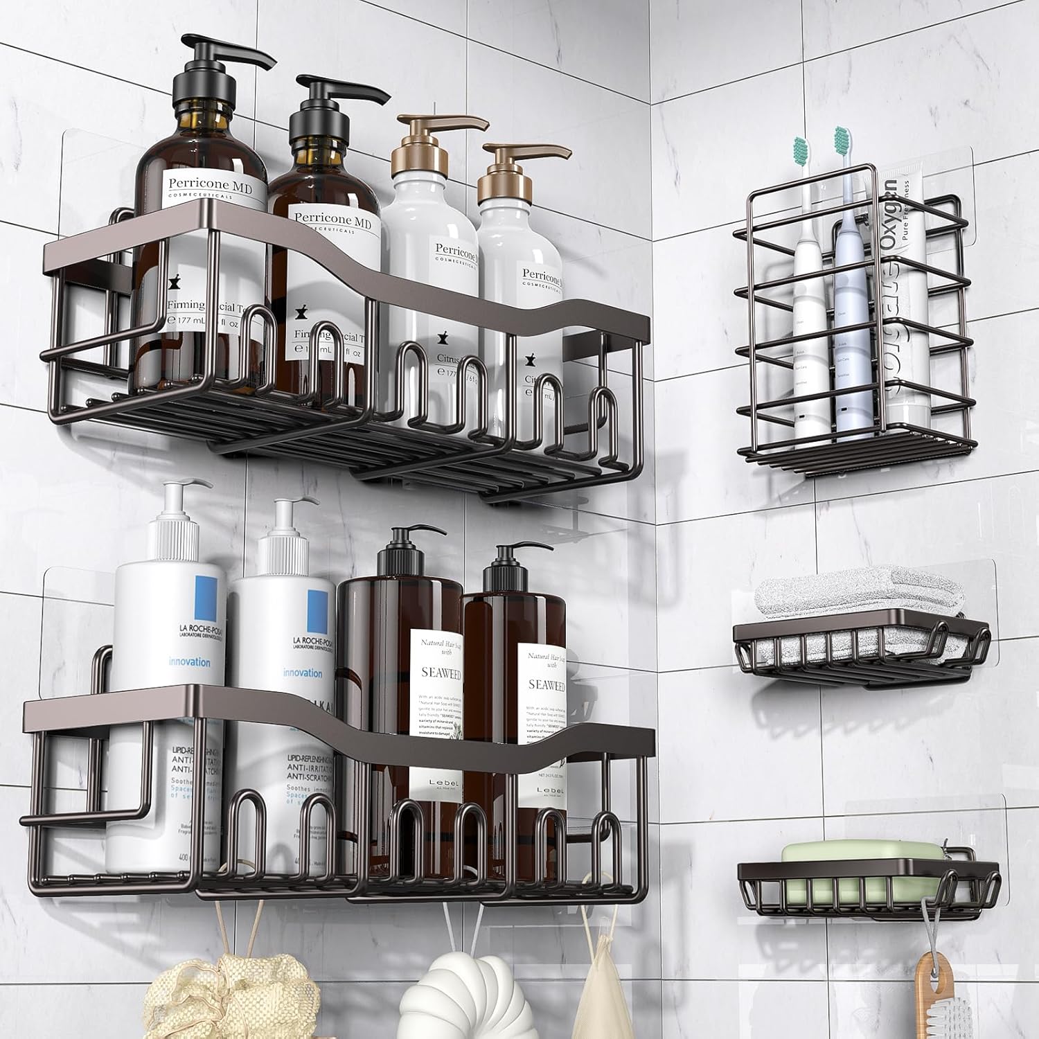 EUDELE 5-Pack Rustproof Stainless Steel Shower Caddy – No Drill Adhesive Bathroom Organizer with Large Capacity, Spacious Shower Shelves for Inside Shower, Kitchen & Home Decor Storage-XL Size