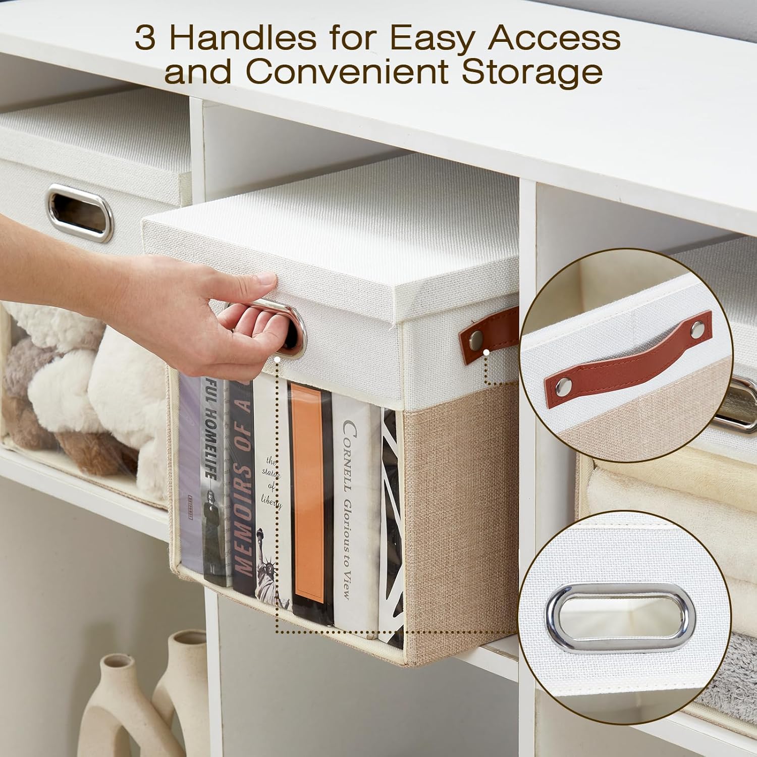 Fabric Storage Cubes with Clear Windows and Lids 11'' Foldable Storage Bins with 3 Handles, Decorative Storage Boxes for Home, Bedroom, Closet, Office (Beige & White)