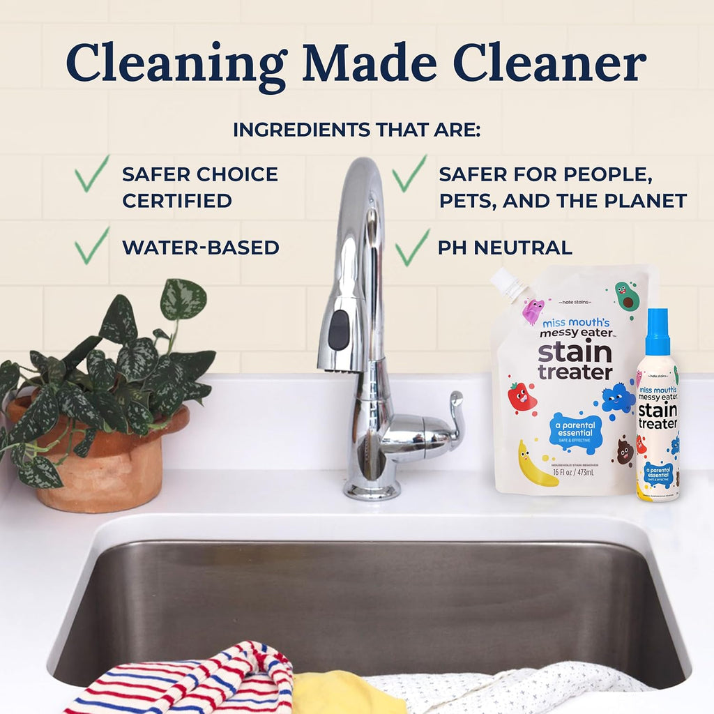 Miss Mouth’s Messy Eater Stain Treater Refill Ready Kit - 2 Pack Stain Remover Spray and 16oz Refill Pouch - Newborn & Baby Essentials - Food, Grease, Coffee Off Laundry, Underwear, Fabric