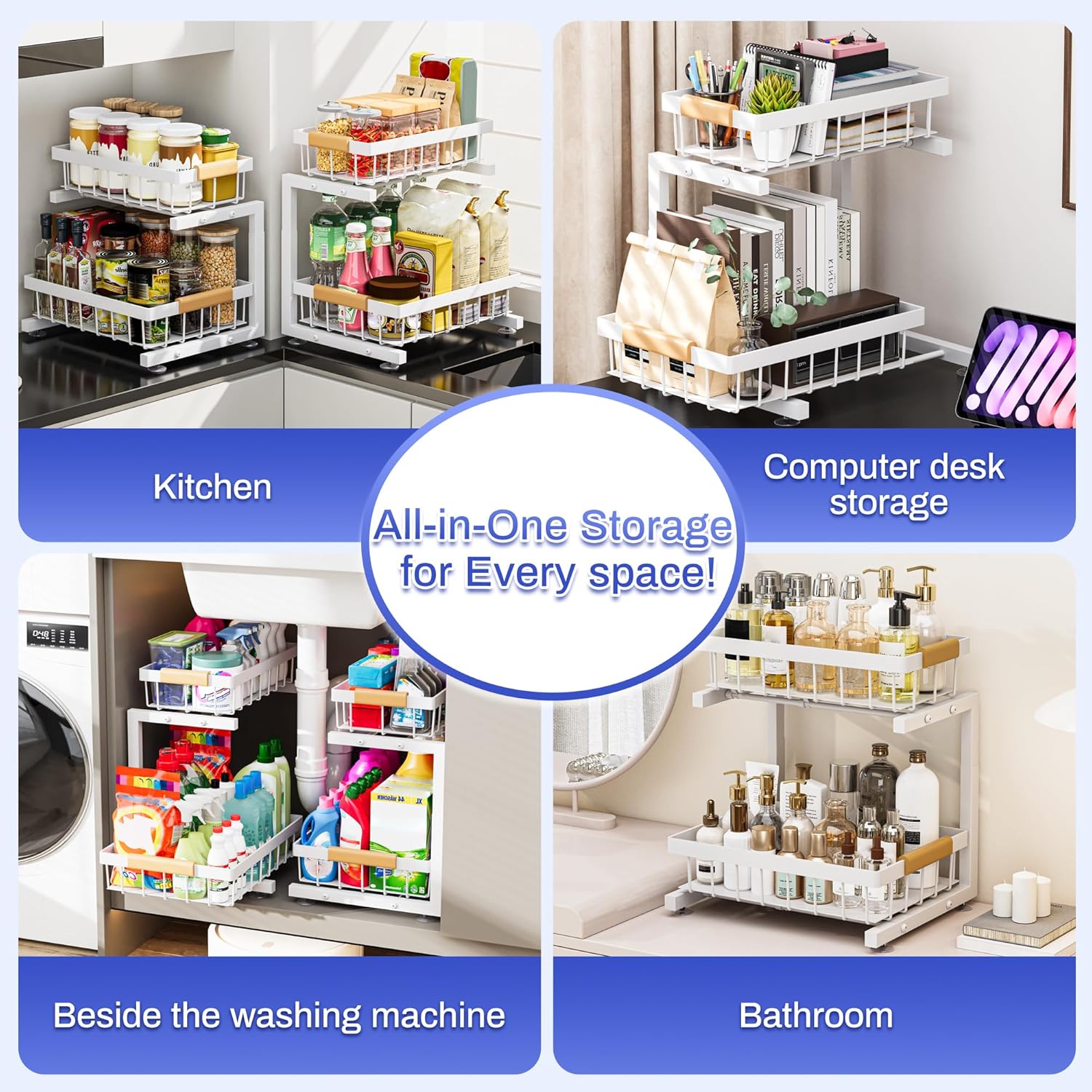 ADBIU Under Sink Organizer, 2 Pack 2 Tier Expandable Height (White, Large Size)