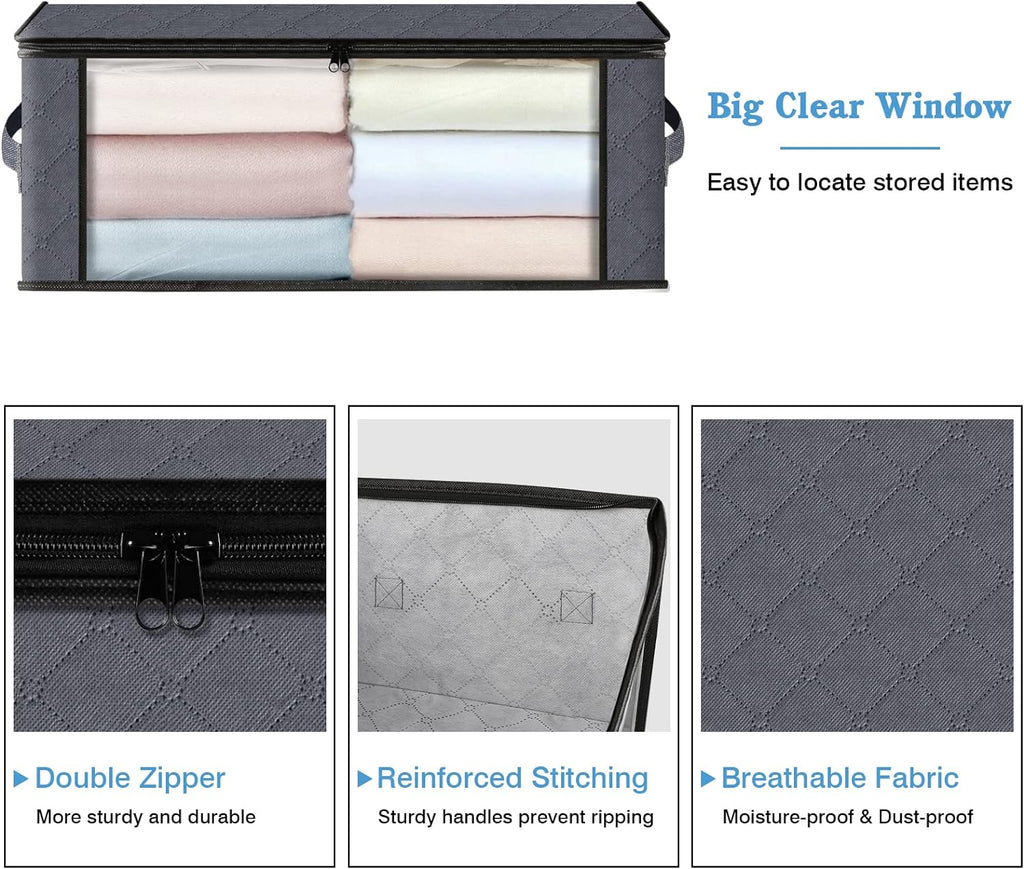 HomeHacks 6-Pack Clothes Organizer Storage Bags Foldable Storage Box with Large Clear Window Sturdy Handles for Closet, Dorm, Pillows, Bedding, Clothes, Stuffed Toys, Blankets, 35L, Grey