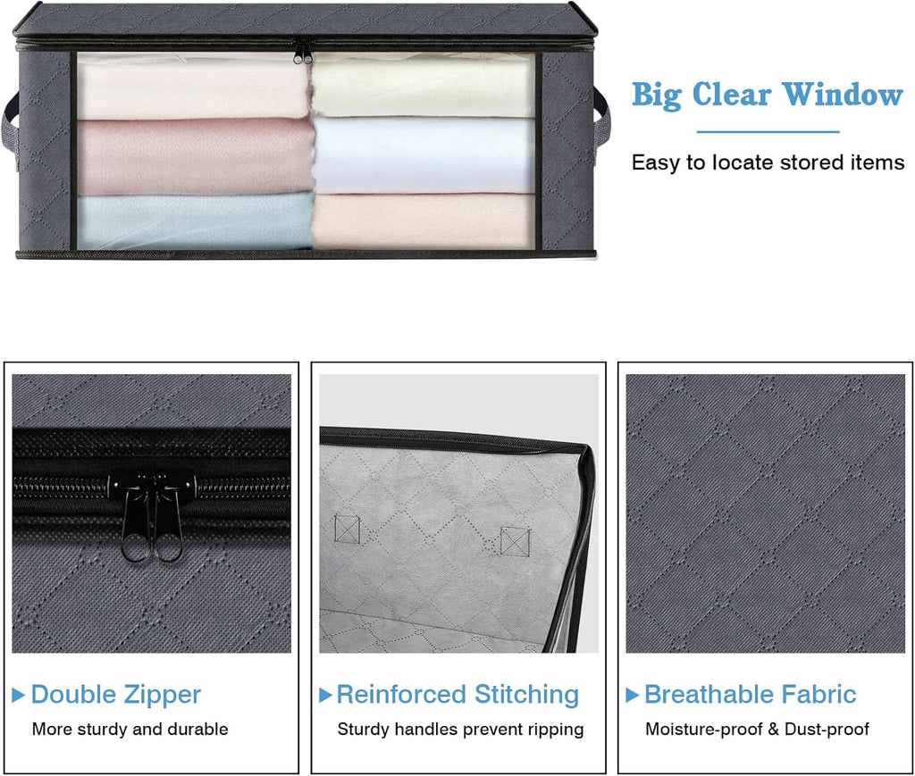 HomeHacks Storage 4-Pack Clothes Organizer Storage Bags Foldable Storage Box with Large Clear Window Sturdy Handles for Closet, Dorm, Pillows, Bedding, Clothes, Stuffed Toys, Blankets, Grey