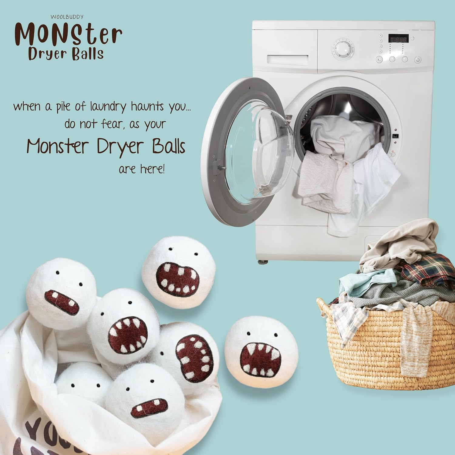 Woolbuddy Dryer Balls, 6-Pack Reusable Wool Laundry Accessories, Monster Design for Pet Hair Removal, Home Essentials, Cute and Efficient Drying Solution