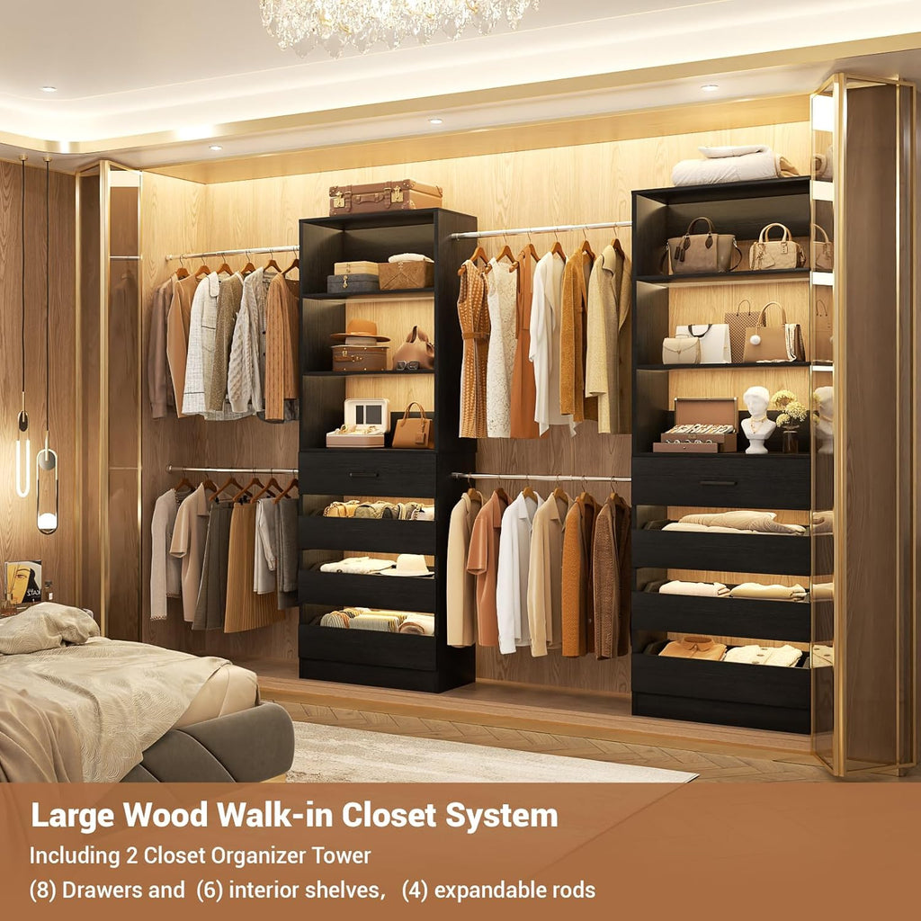 Aheaplus Closet System, 6-15Ft Closet Organizer with 8 Wooden Drawers, Wood Closet Organizer System with Tower, Walk-in Closet Organizer Wardrobe Clothes Rack with 4 Hanging Rods, Garment Rack, 1Black
