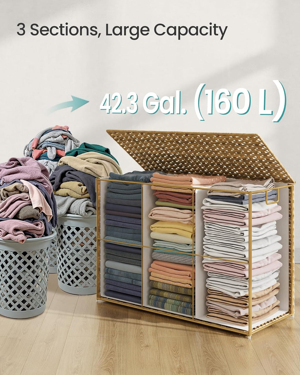 SONGMICS Laundry Hamper with Lid, 160 L Clothes Hamper with 2 Removable Liner Bags, 6 Mesh Bags, Wicker Laundry Basket, Double Laundry Hamper for Bathroom, 26 x 15.7 x 24 Inches, Natural ULCB316Y01