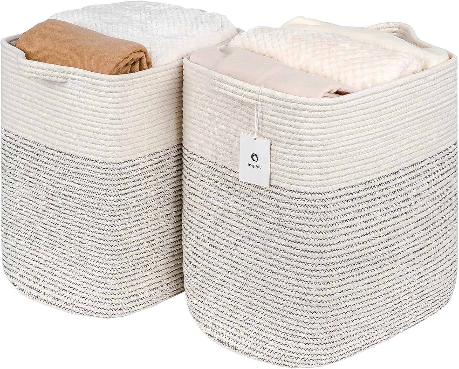 Storage Baskets for Clothes Fabric Cotton Rope Storage Basket bins with Handles, Decorative Woven Basket for Living Room,Closet Organizer Blankets Tall 2 bags White/Black Line, L14×W11×H14