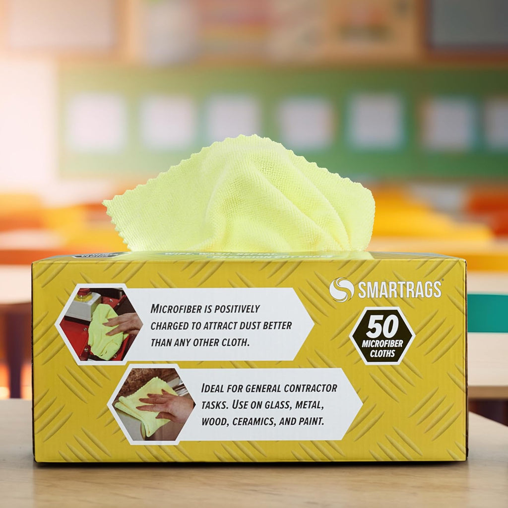 Arkwright Smart Rags in Box - (Pack of 50) Lint Free Microfiber Cleaning Cloth, Scratch & Streak-Free, Dispensable Wash Towels for Cars, Window Glass, and Auto Shop, 12 x 12 in, Yellow