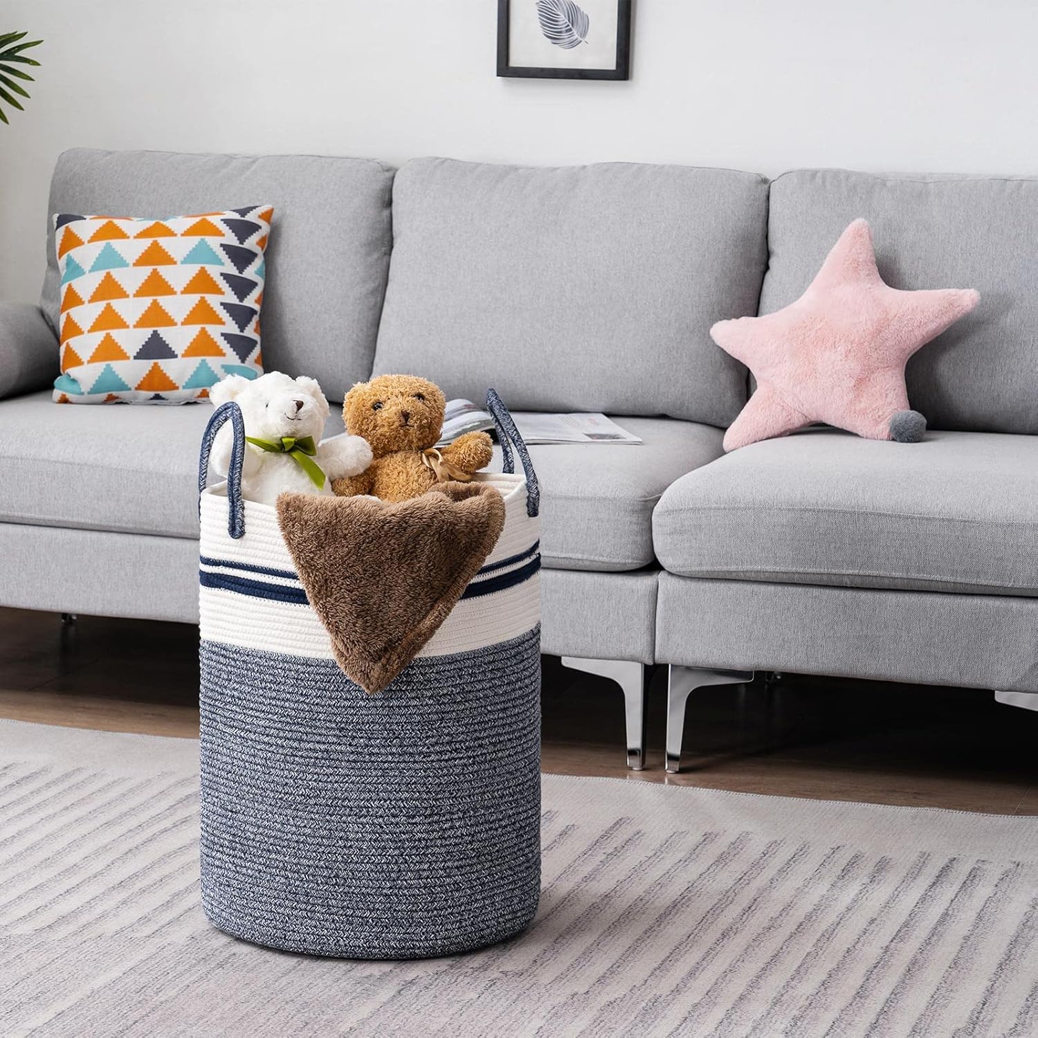 YOUDENOVA Woven Rope Laundry Hamper Basket, 72L Tall Laundry Basket, Baby Nursery Hamper for Blanket Storage in Bedroom-Large-Blue