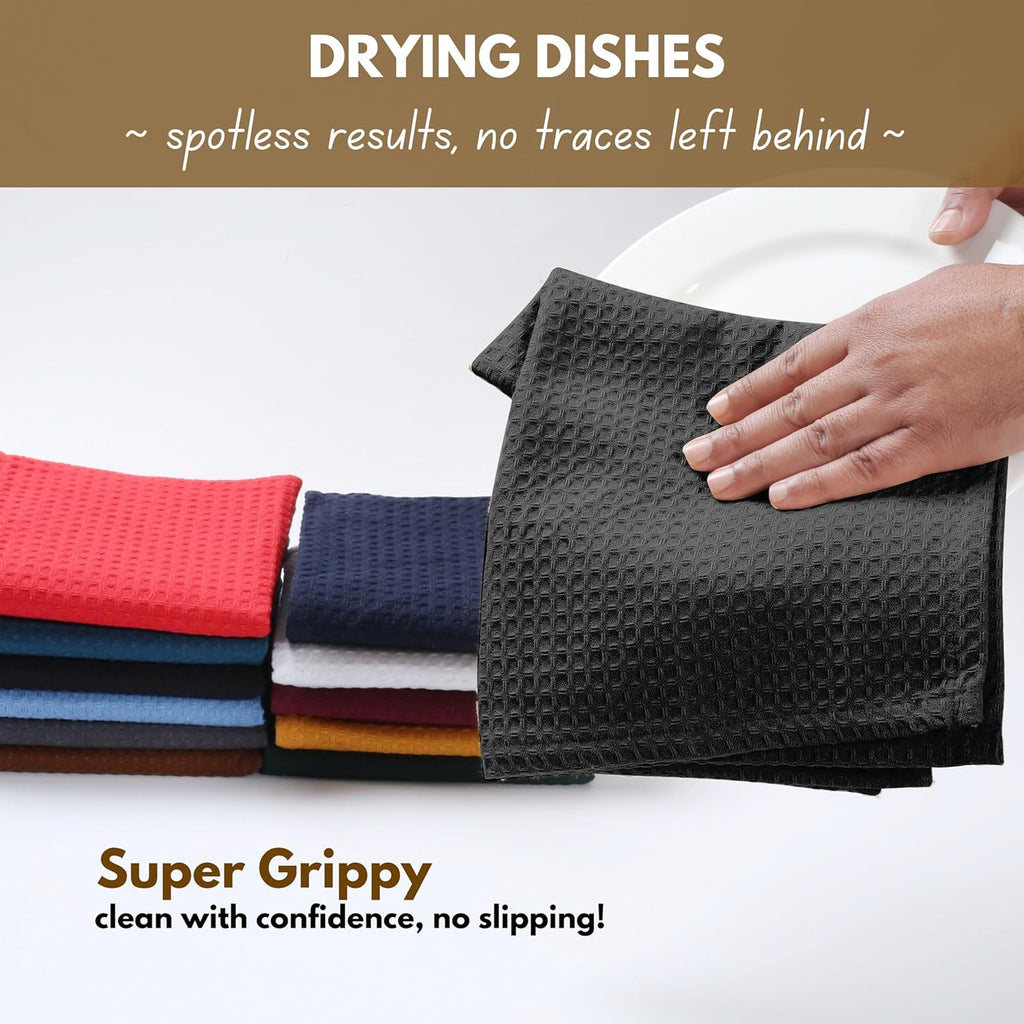 Native Fab Cotton Kitchen Towel with Hanging Loop 16x26 inches, 4-Pack, Waffle Weave Kitchen Towels for Cleaning Drying, Washcloths Soft & Absorbent Cloth Rags, Bar Towel, Dish Cloth, Black