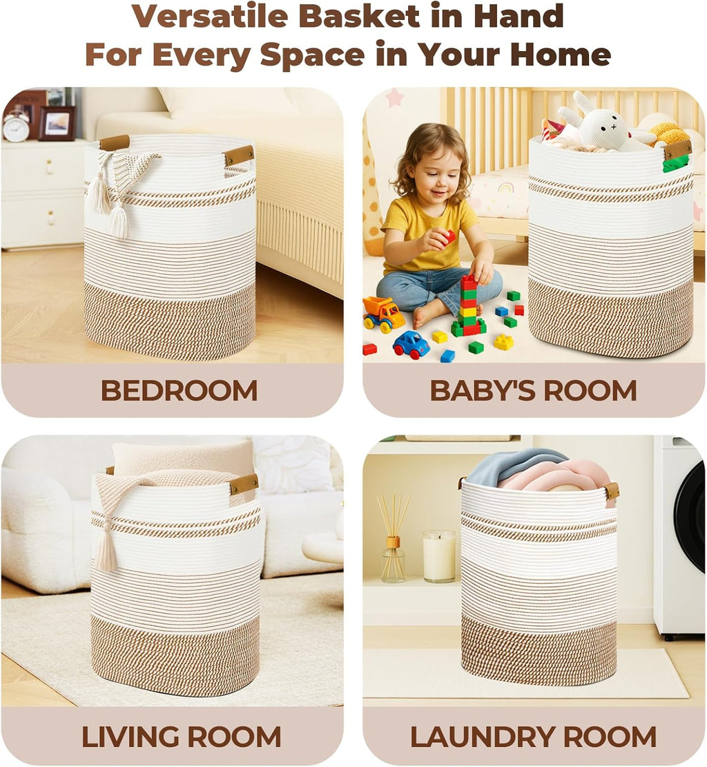 Laundry Basket with Handles - Blanket Basket & Hampers for Bedroom Aesthetic, Laundry Hamper & Blanket Storage for Living Room, Clothes Hamper, Tall, Large 17" x 14" x 22”, Brown & White