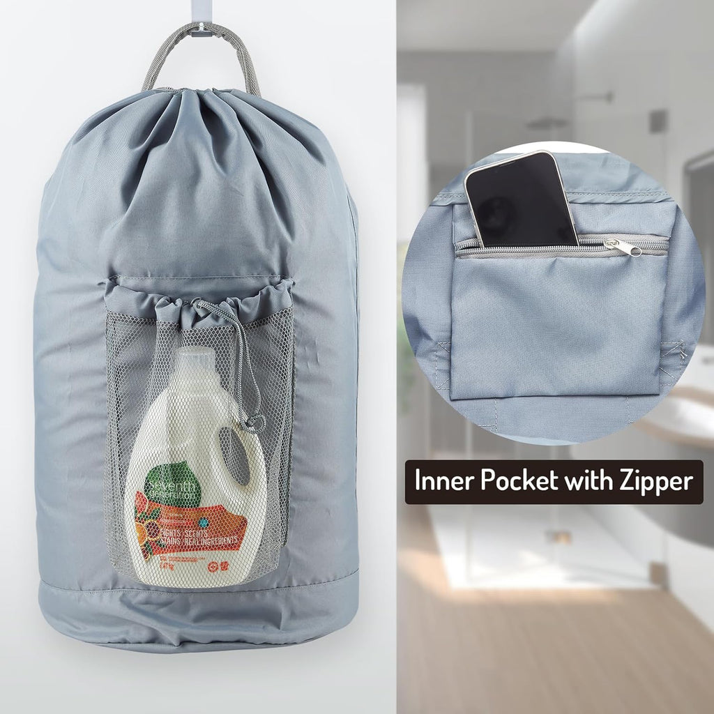 Backpack Laundry Bag, Large Laundry Backpack with Detergent Holder and Adjustable Shoulder Straps for College Travel Dorm Room (Gray)