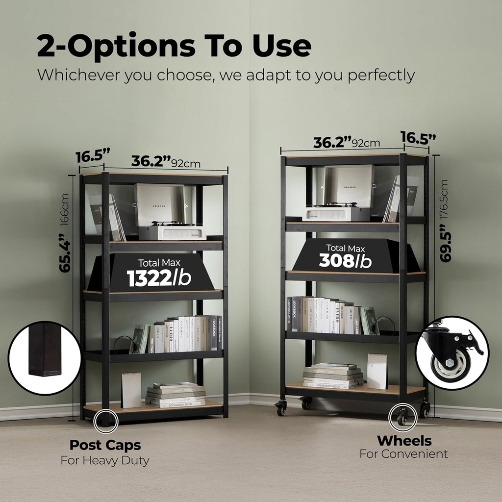HOMEDANT House 5-Tier Metal Rolling Cart Shelf Rack Casters Heavy Duty Laminated Wheel Shelving Unit Adjustable Utility Storage Shelves Organizer Shelf Kitchen Garage 36.2" W x 16.5" D x 69.5" H 1Pack