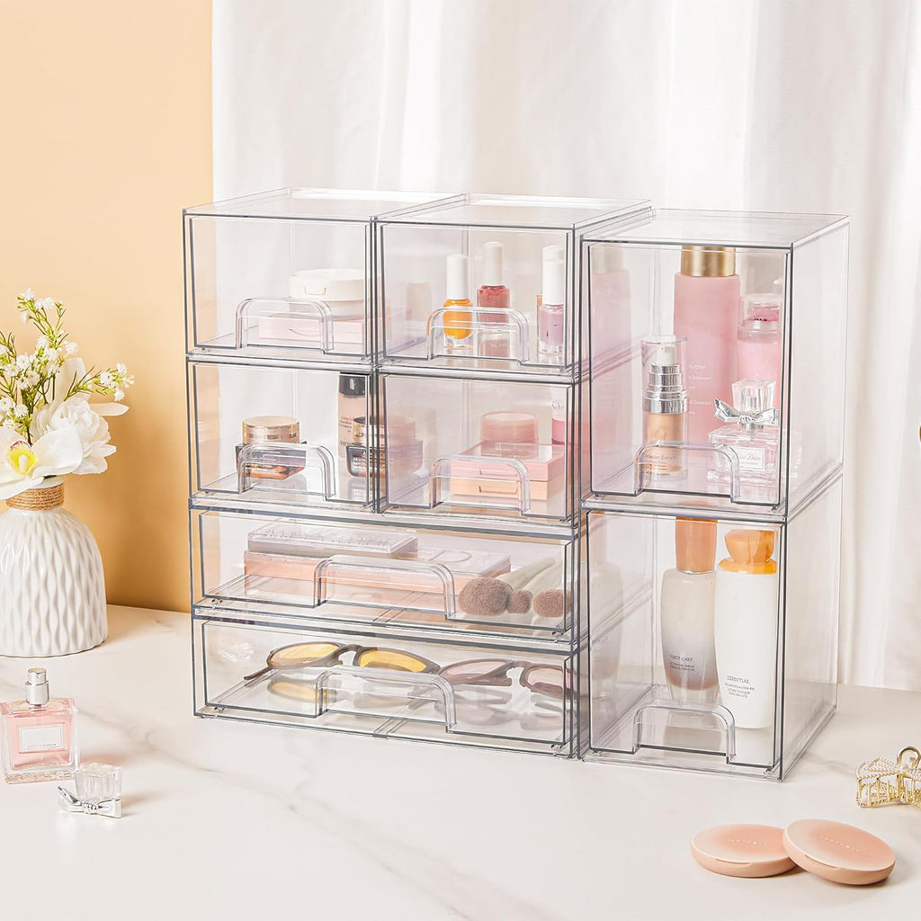 Vtopmart Stackable Storage Drawers Set of 8, Clear Plastic Organizer Bins for Bathroom Supplies,Ideal for Cabinet,Pantry,Laundry Room Organization
