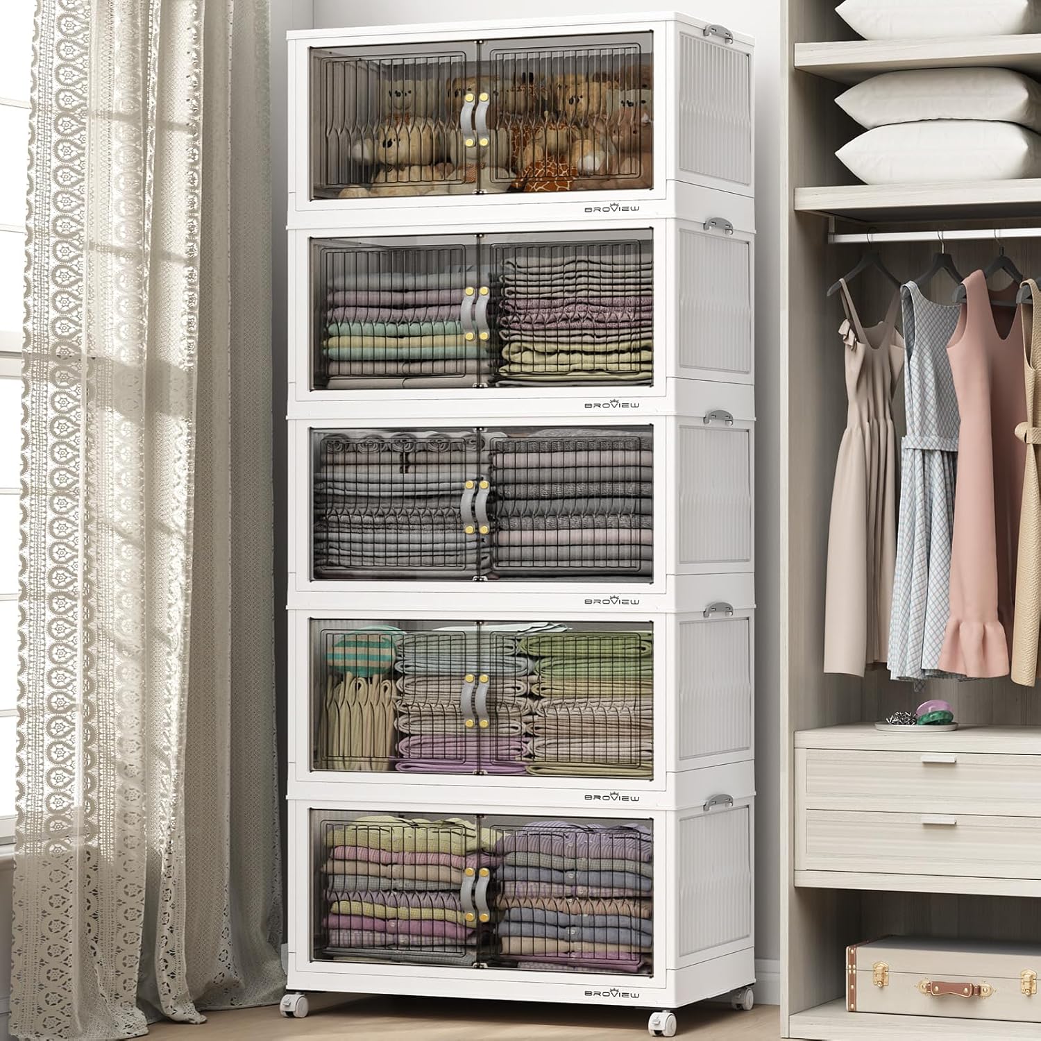 BROVIEW 600Qt Stackable Storage Bins with Lid, Extra Large Closet Organizer Collapsible Drawer Boxes with Wheels, Folding Plastic Cabinet Containers for Home Kitchen Room Organization, 5Pack White