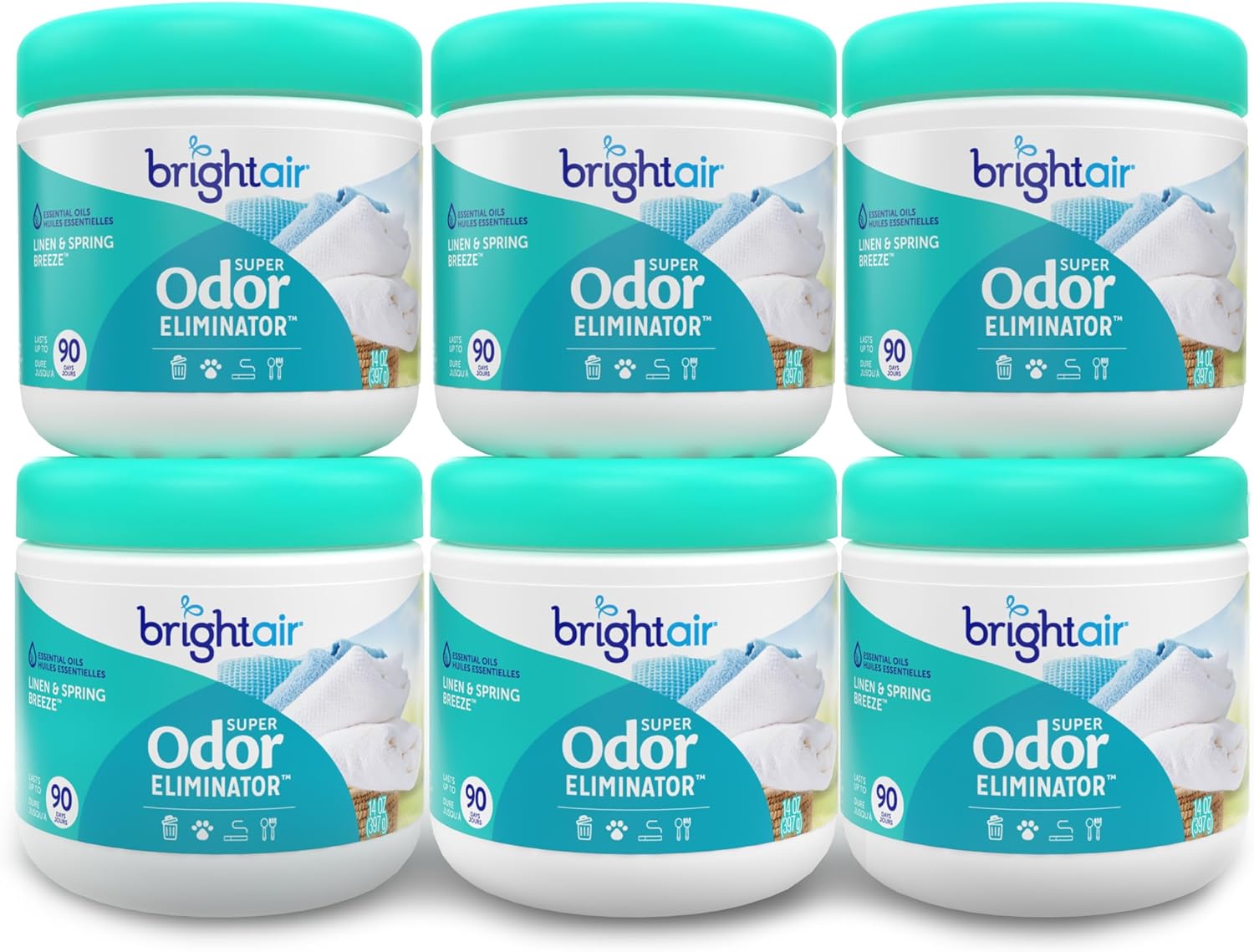 Bright Air 14 oz. Super Odor Eliminator, For Medium-Size Spaces, Linen & Spring Breeze Scent, Case of 6, Air Freshener, Natural Essential Oils, Lasts Up to 90 Days Each