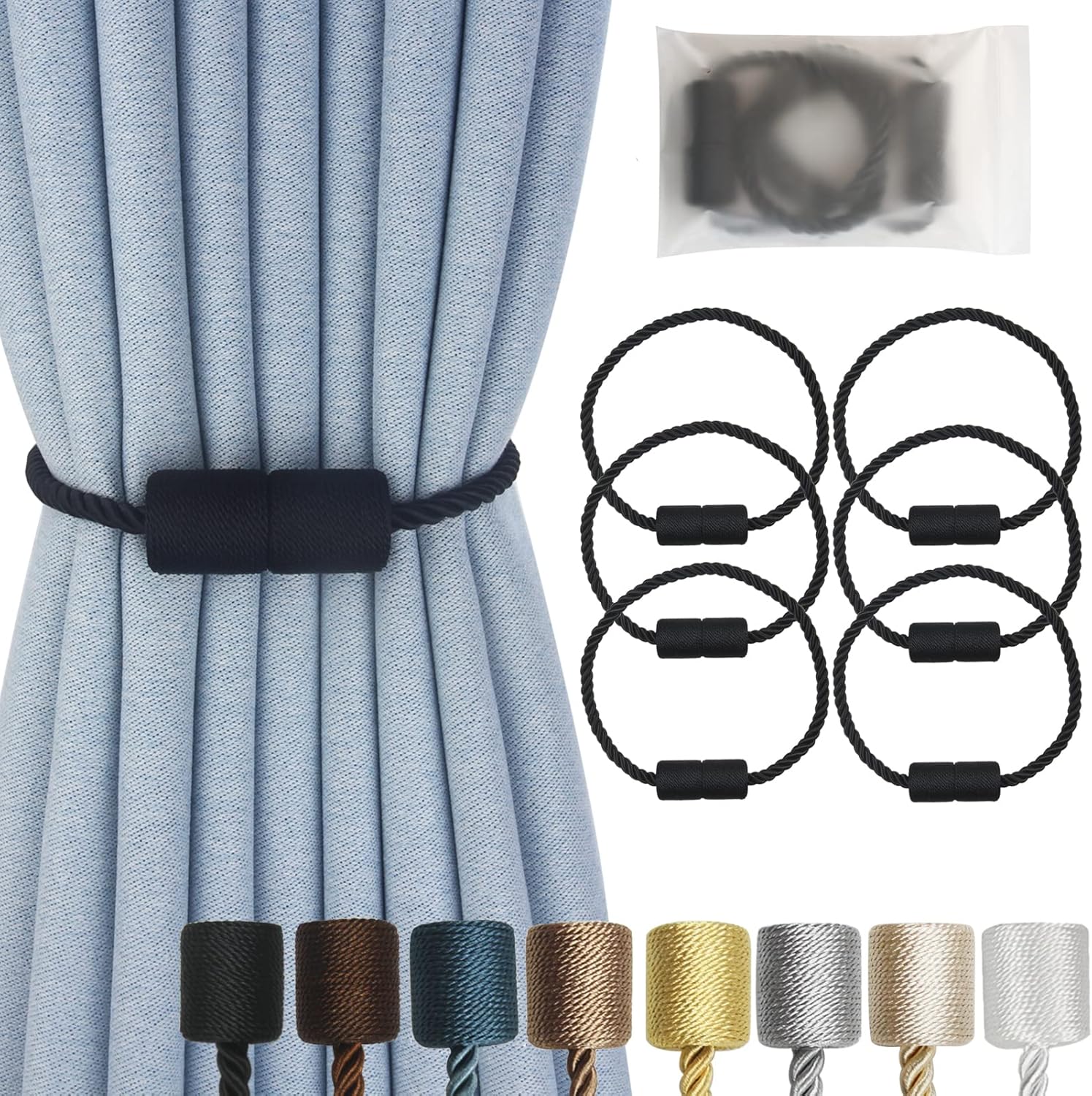 Magnetic Curtain Tiebacks 6 Pack Black Curtain Rope Tieback Curtain Holders for Drapes Modern Tie Backs Decorative Curtain Holdbacks