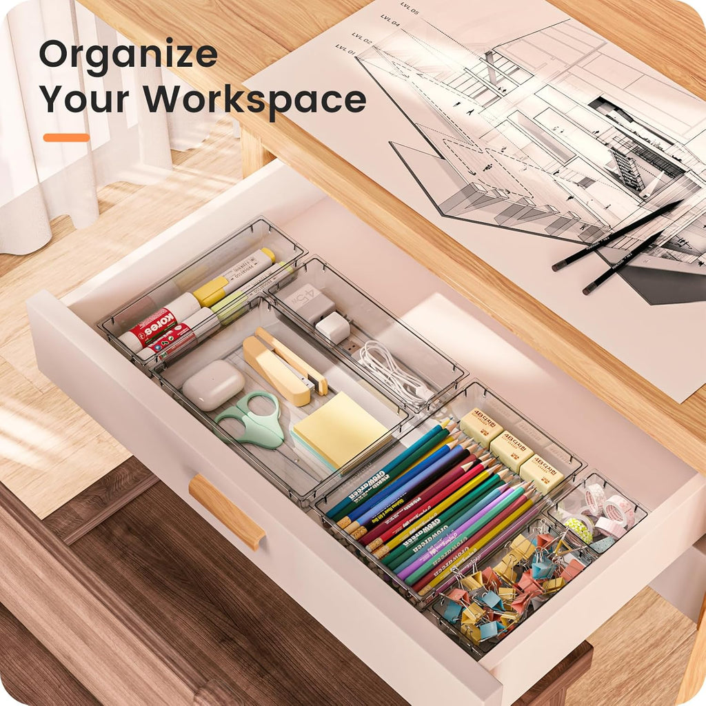 A-LuGei Drawer Organizer, Bathroom Organizers and Storage, Makeup organizer, Desk drawer organizer, Storage Bins for Kitchen Office Bedroom Vanity Jewelry Pantry Garage, 4Size, Clear