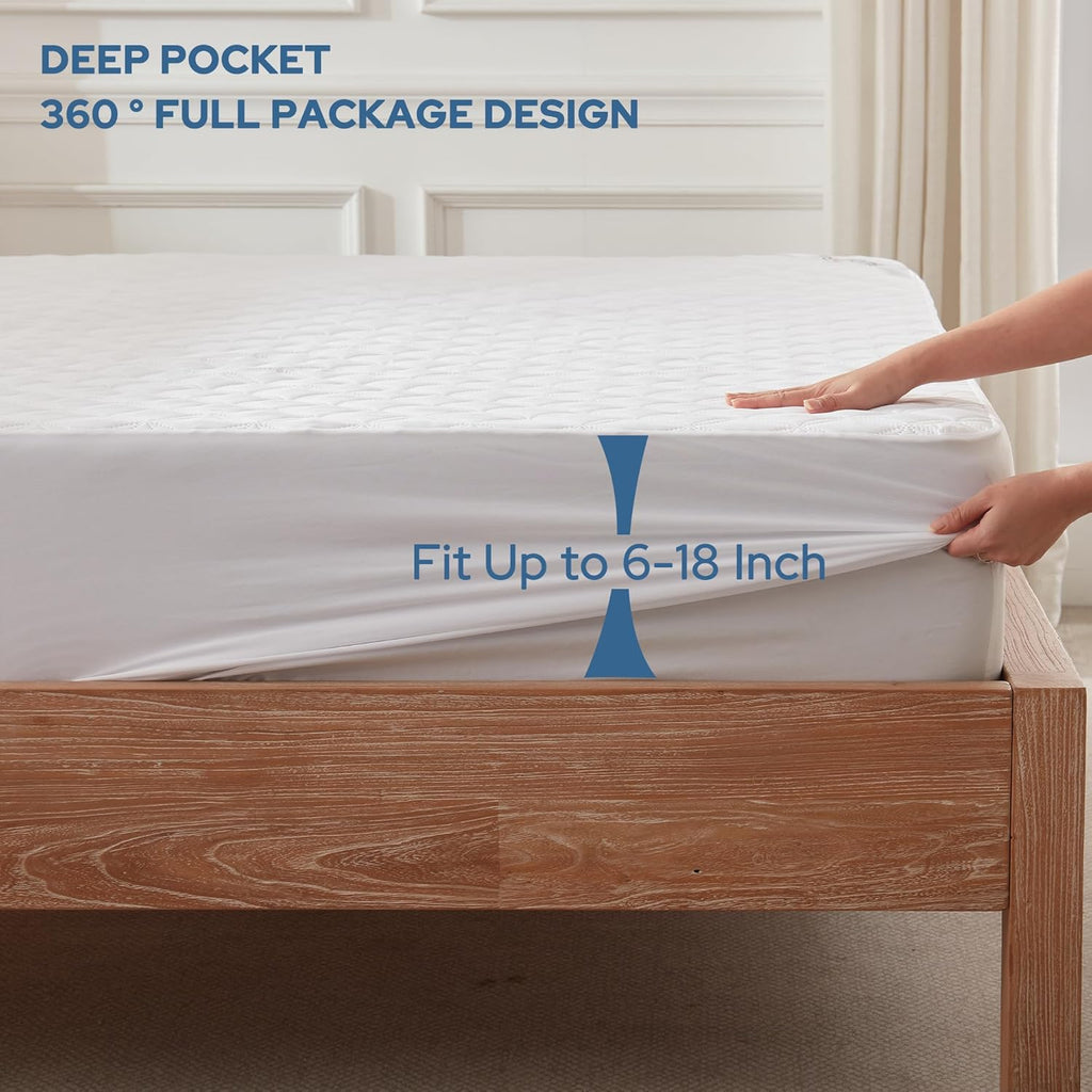 BEDLORE Waterproof Mattress Protector, Queen Size Noiseless Mattress Pad with Deep Pocket Fitted Up to 6-18 inches, Soft Noiseless Bed Mattress Cover Washable for Home, Bedroom, Hotel (White)