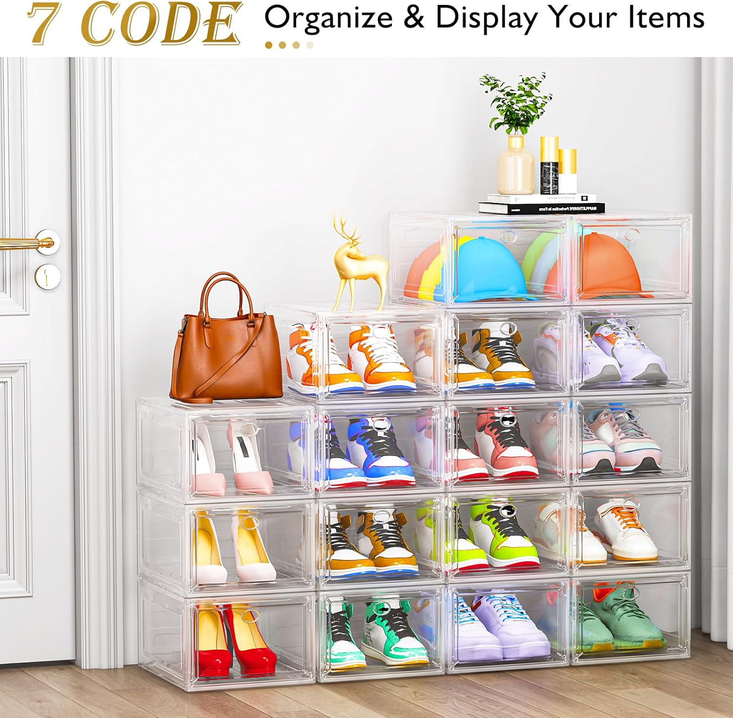 7 code Large Clear Shoe Boxes Organizer【Thicker Material】 Stronger Shoe Box with Magnetic Door, Stackable Shoe Storage Box for Closet, Foldable Space-Saving Storage Bins Shoe Cabinet, White 9 Pack