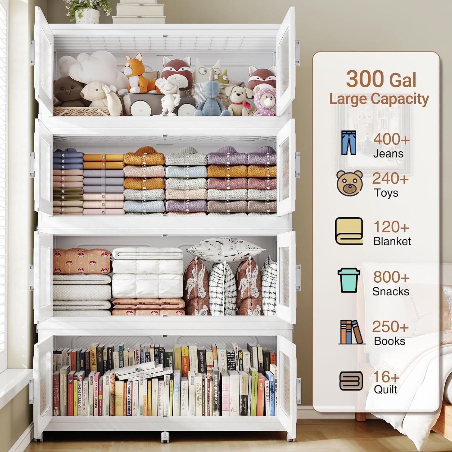BROVIEW 1200 Qt Stackable Storage Bin with Lid, 300Gal Extra Large Collapsible Storage Boxes, Folding Plastic Drawer, Heavy-Duty Store Cabinet, Closet Organizer for Home Kitchen, 4 Pack White