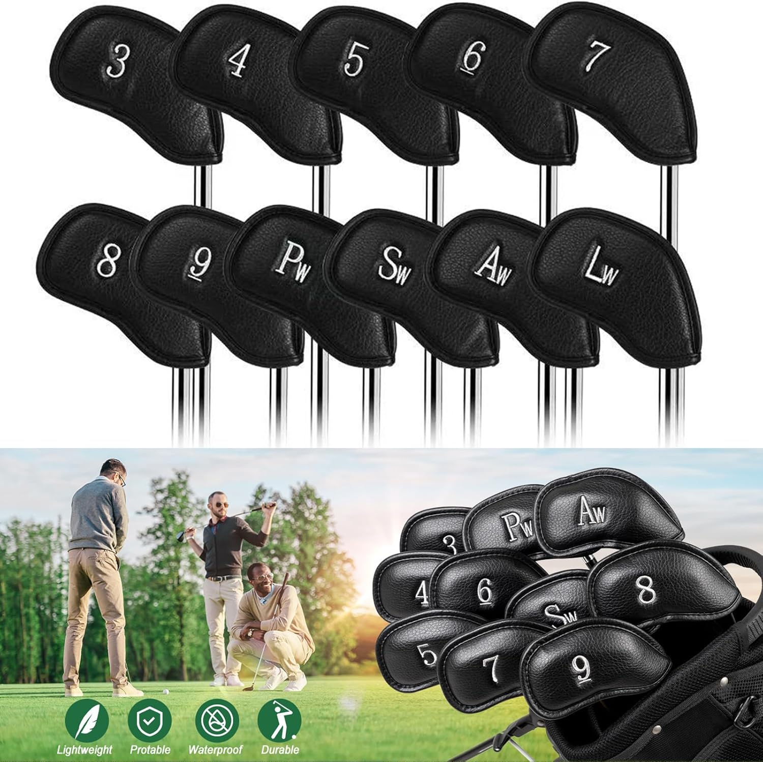 Golf Iron Head Covers (12-Pack) Synthetic Leather Waterproof Club Head Covers for Standard Irons – Magic Tape Closure, Universal Fit & Anti-Loss Design