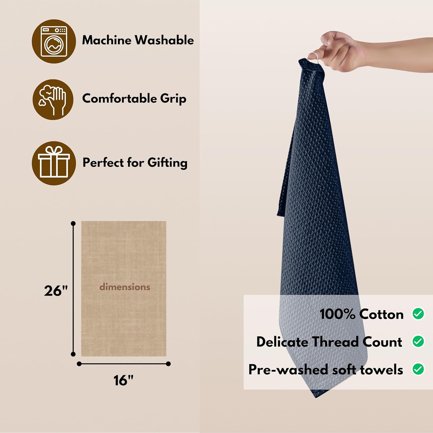 Native Fab Cotton Kitchen Towel with Hanging Loop 16x26 inches, 4-Pack, Waffle Weave Kitchen Towels for Cleaning Drying, Washcloths Soft & Absorbent Cloth Rags, Bar Towel, Dish Cloth, Navy