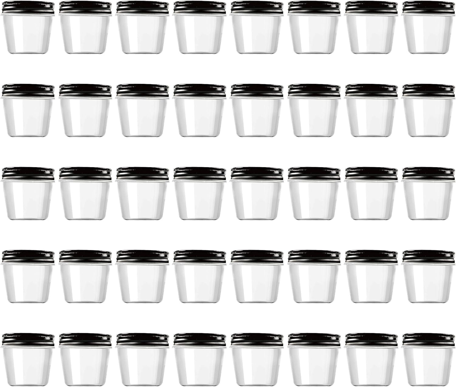 Novelinks 4 Ounce Plastic Jars with Black Lids - Refillable Round Clear Containers for Kitchen & Household Storage - BPA Free (40 Pack)