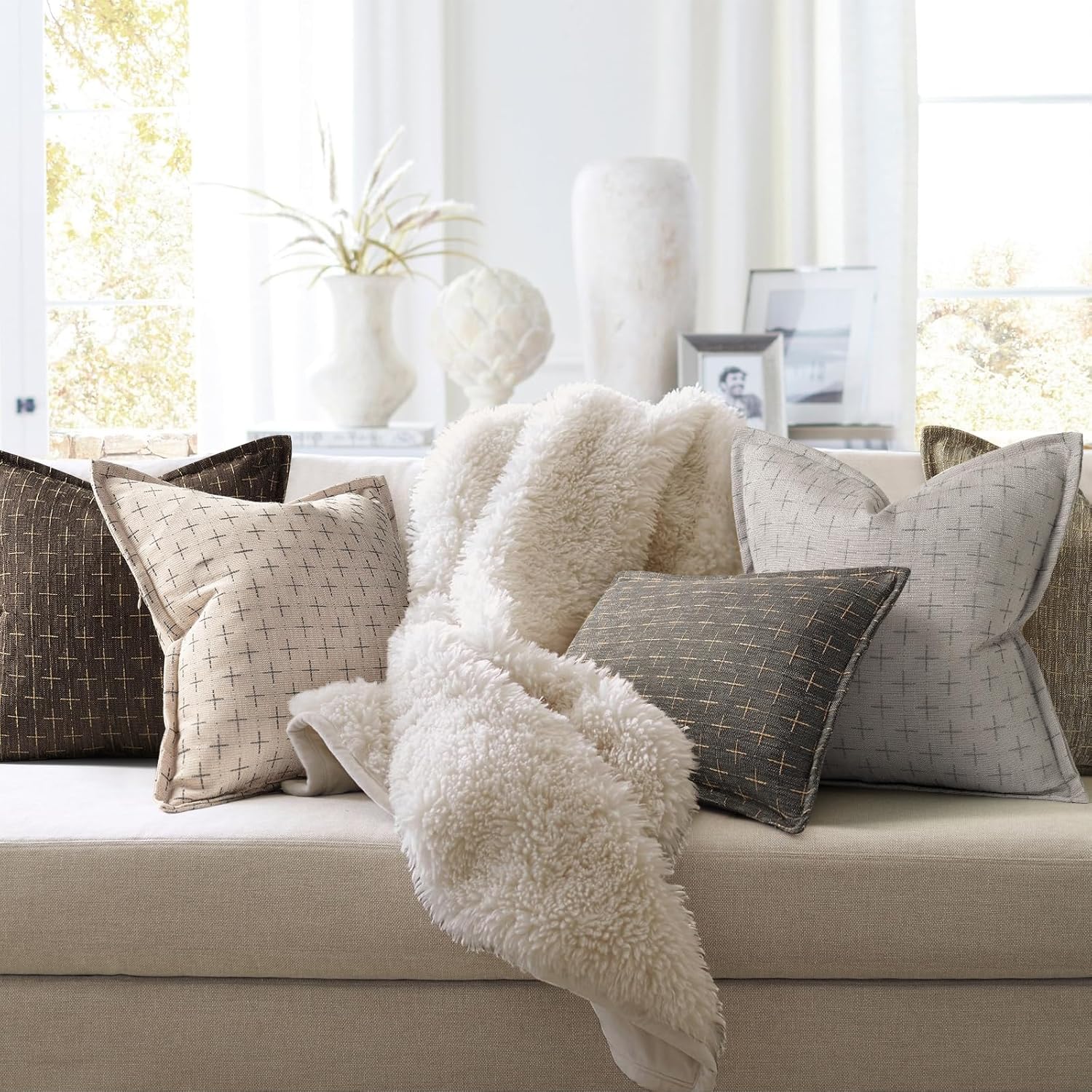 ZWJD Pillow Covers 18x18 Set of 2 Soft Polyester Textured Pillow Covers with Stylish Flange Edge Cozy Farmhouse Throw Pillows for Couch Bed Sofa Living Room
