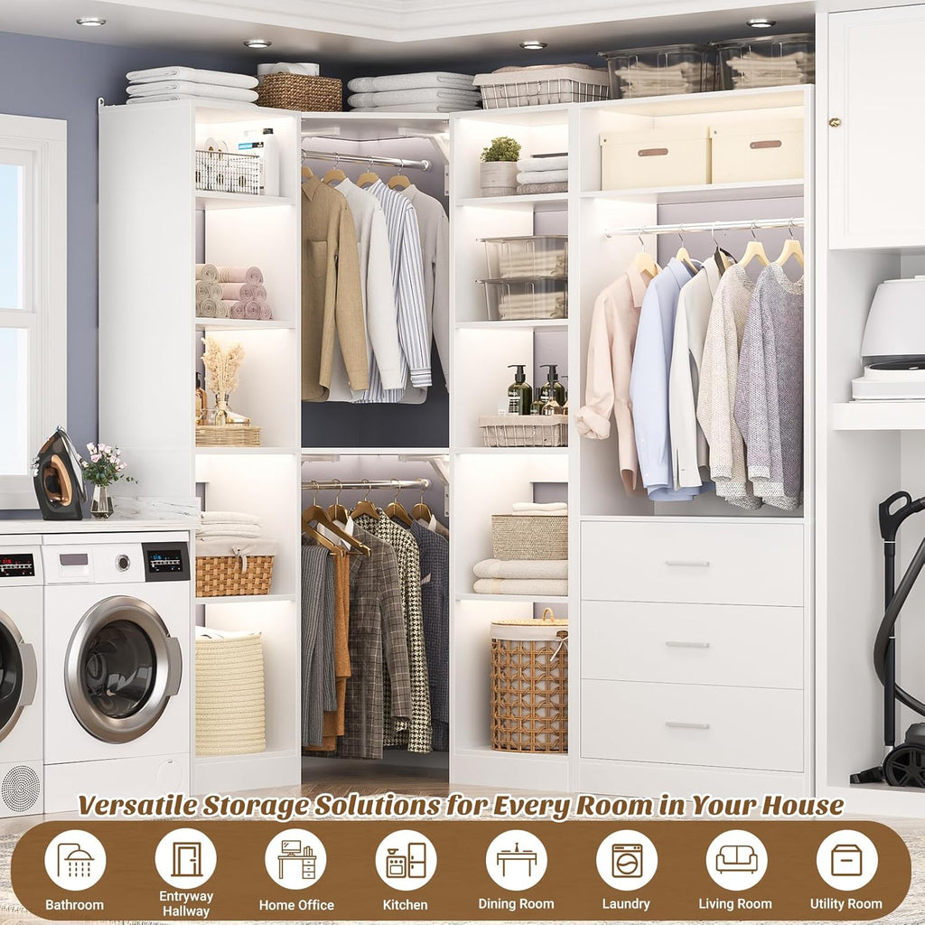 Corner Closet System with 3 Drawers, Corner Closet Organizer System with 13 Shelves & 3 Hanging Rods, 63.2"L * 39.2"W Reversible L Shaped Walk-in Closets, Load 2000+LBS, White