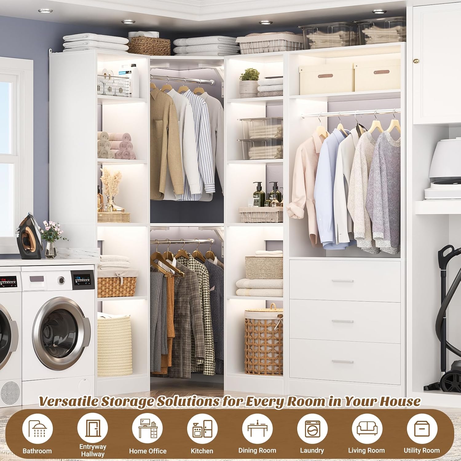 Corner Closet System with 3 Drawers, Corner Closet Organizer System with 13 Shelves & 3 Hanging Rods, 63.2"L * 39.2"W Reversible L Shaped Walk-in Closets, Load 2000+LBS, White