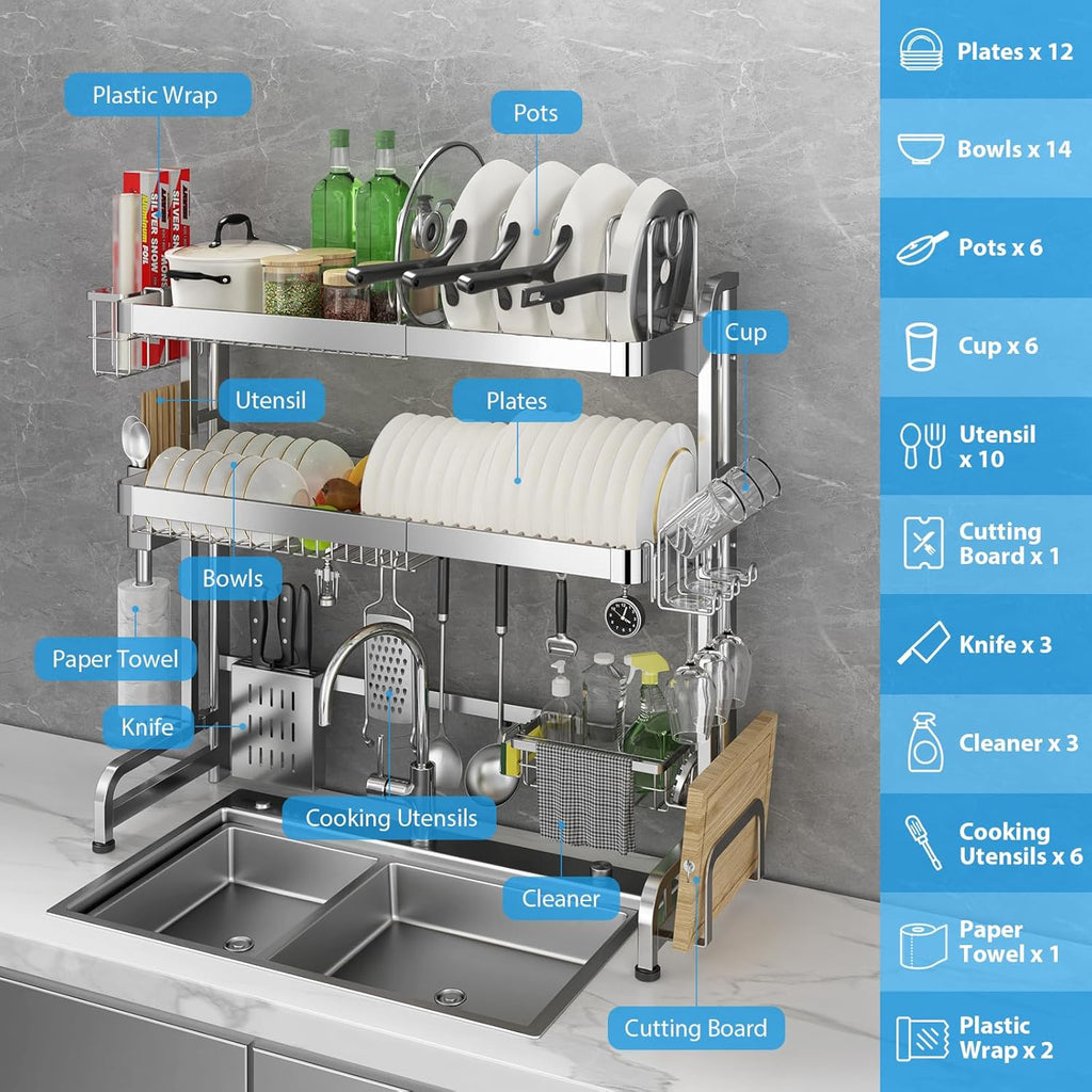 Over The Sink Dish Drainer Drying Rack, Full Stainless Steel 3-Tier Adjustable Length Over Sink Dish Drying Rack, Large Capacity Dish Rack Over Sink for Kitchen Counter, Pots & Pans Rack