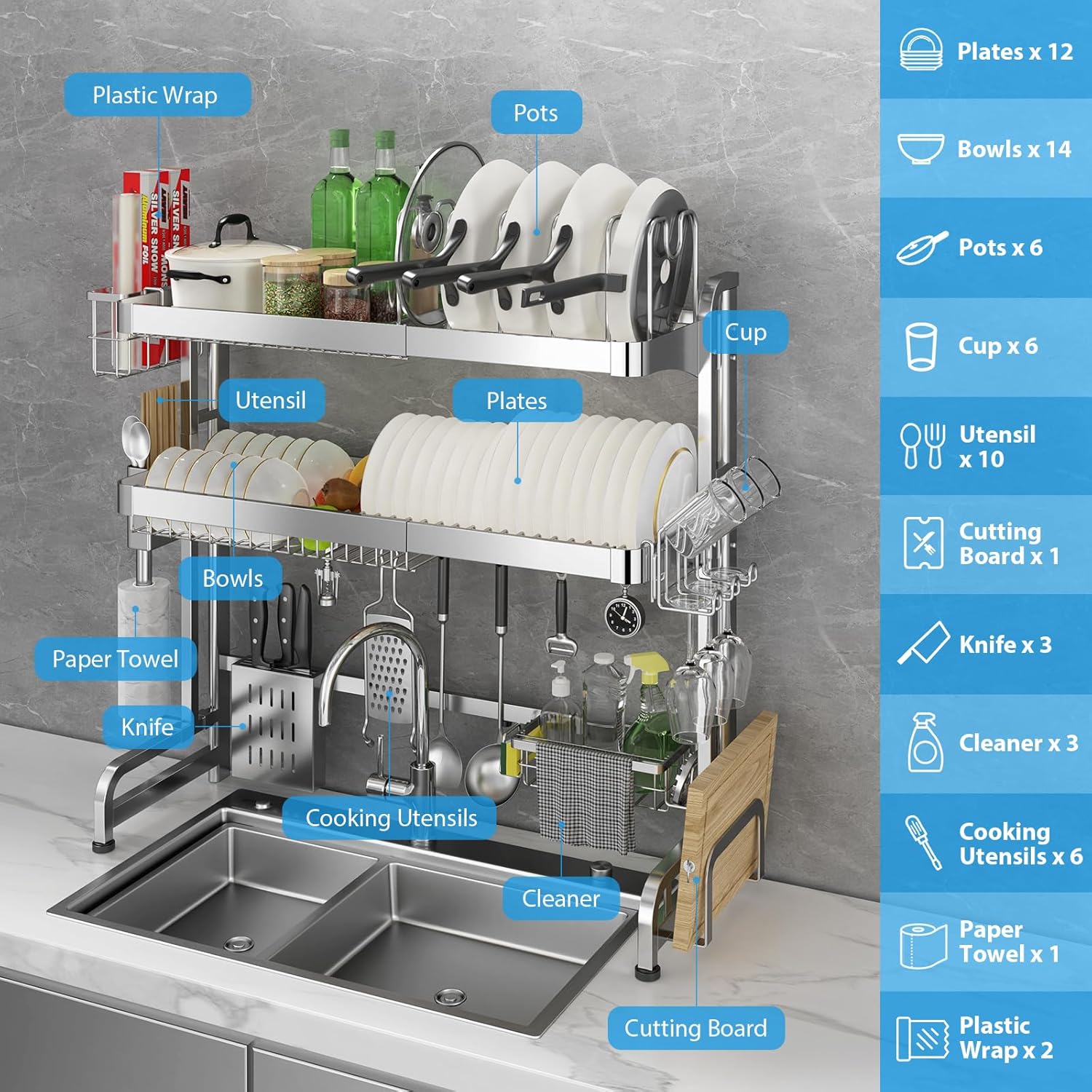 Over The Sink Dish Drainer Drying Rack, Full Stainless Steel 3-Tier Adjustable Length Over Sink Dish Drying Rack, Large Capacity Dish Rack Over Sink for Kitchen Counter, Pots & Pans Rack