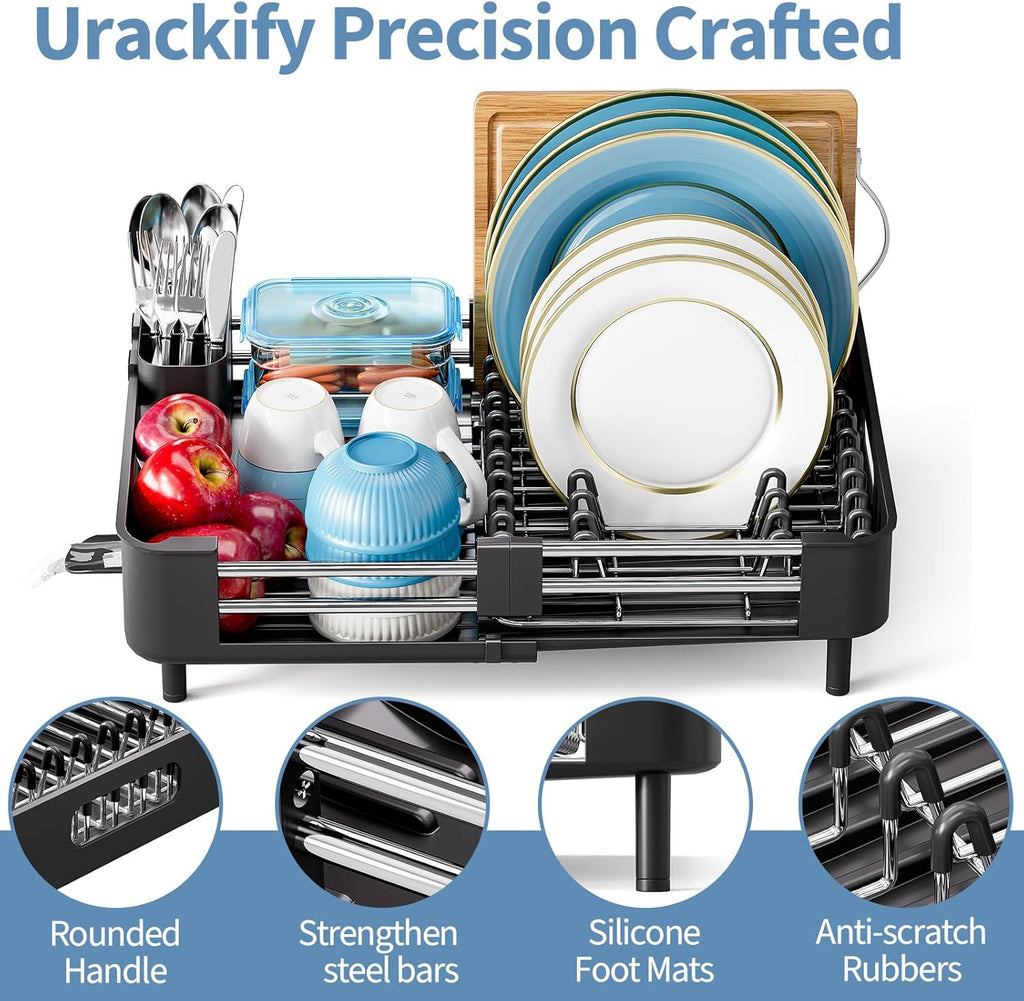 Dish Drying Rack for Kitchen Counter, Extendable Dish Rack with Drainboard, Collapsible Dish Drainer, Expandable Dish Strainer with Cutlery Holder, Foldable Home Countertop Plate Storage Rack, Black