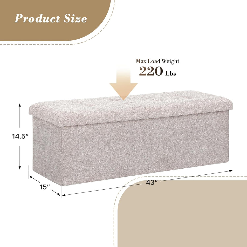 Athena Collection 43" Storage Ottoman Bench Folding Bench with 130L Hidden Storage, Large End of Bed Bench Linen Foot Rest Stool Chest with Flipping Lid for Living Room Bedroom Entryway, Sandy Beige