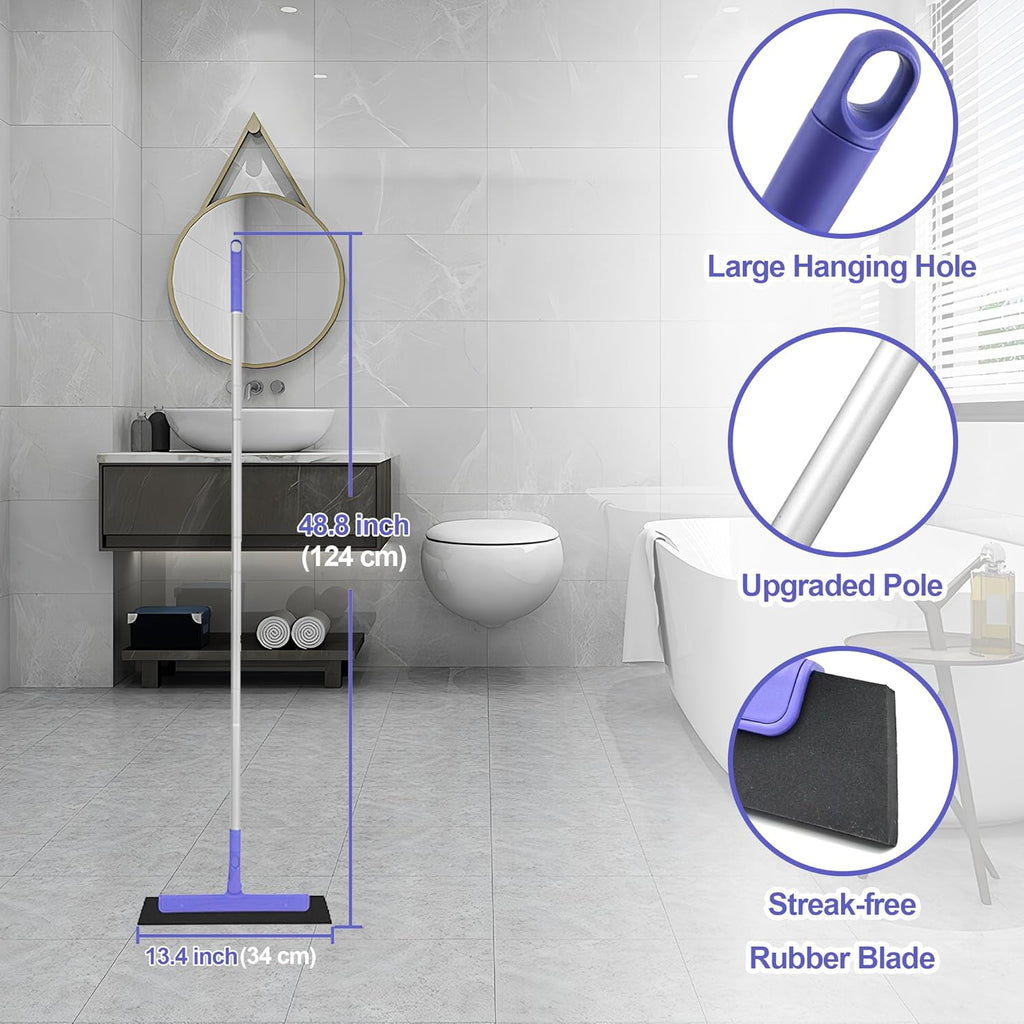 Floor Squeegee for Tile Floor and Shower Glass, Broom Rubber Blade with 48.4" Aluminum Long Handle, Water Blade Foam Pet Hair Wiper for Window Cleaning, Home, Garage, Bathroom, and Kitchen