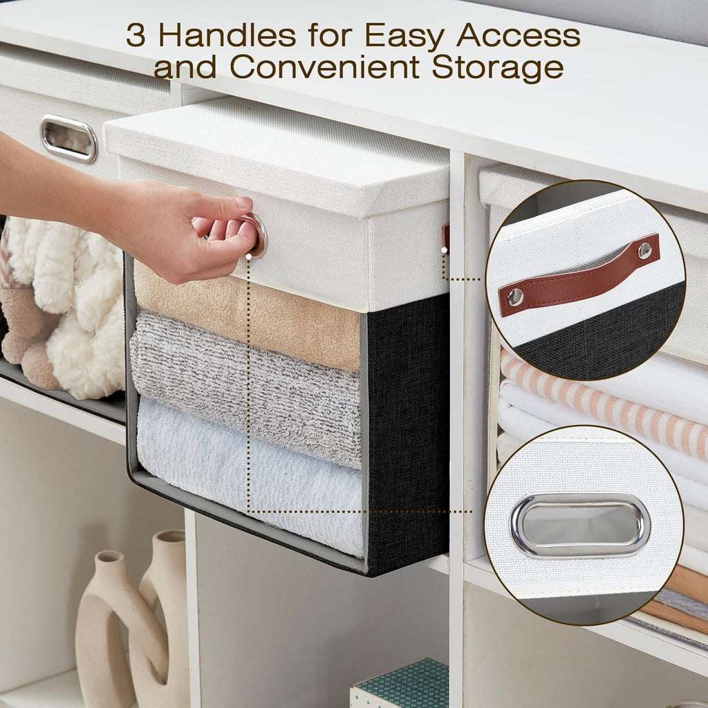 Fabric Storage Cubes with Clear Windows and Lids, 13'' Foldable Storage Bins with 3 Handles, Decorative Storage Boxes for Home, Bedroom, Closet, Office (Balck & White)