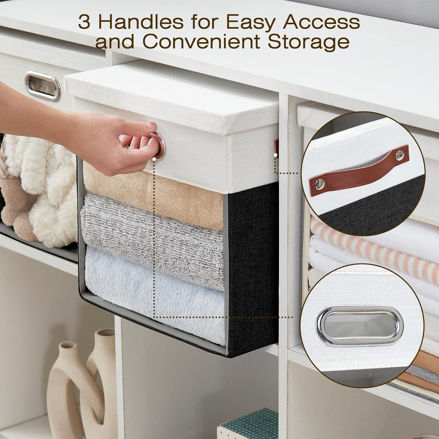 Fabric Storage Cubes with Clear Windows and Lids, 13'' Foldable Storage Bins with 3 Handles, Decorative Storage Boxes for Home, Bedroom, Closet, Office (Balck & White)