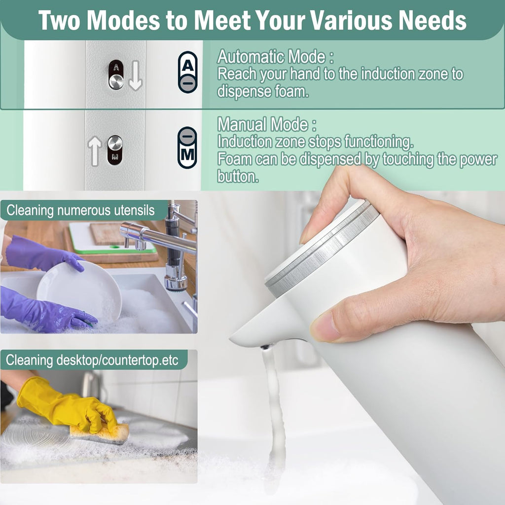 Automatic Foaming Soap Dispenser (Upgrade Auto & Manual Modes) - Adjustable Foam Volume - IPX7 Waterproof -1500mAh USB Rechargeable Touchless Hand Soap Dispenser