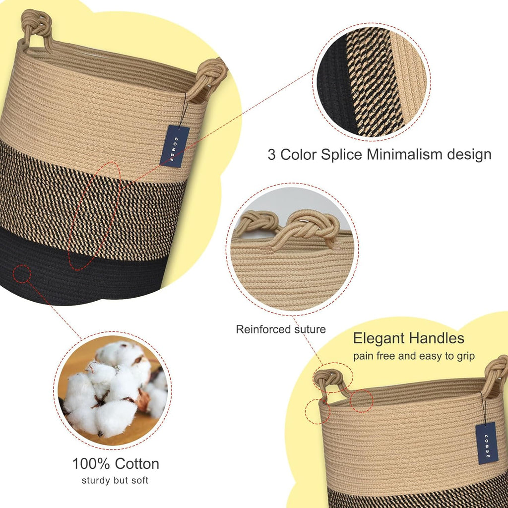 COMSE Extra Large Blanket Basket, Tall Woven Storage Basket, Nursery Hamper, 15.7”x 21.7”, Cotton Rope Laundry Hamper for Toys Clothes Towels, Brown/Black
