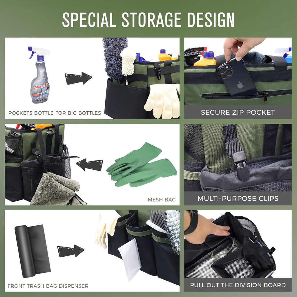 Wearable Cleaning Caddy Organizer with Handle & Shoulder Straps for Housekeepers, Under Sink & Car Cleaning Tool Organizer Bag with 4 Foldable Dividers (Green)