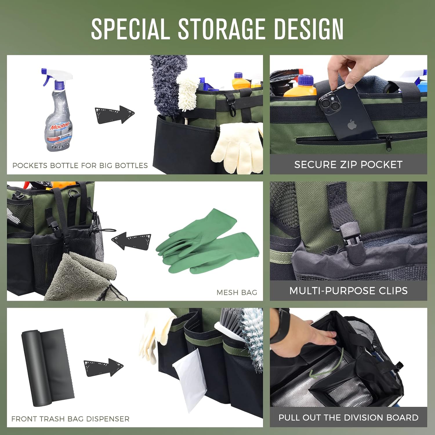 Wearable Cleaning Caddy Organizer with Handle & Shoulder Straps for Housekeepers, Under Sink & Car Cleaning Tool Organizer Bag with 4 Foldable Dividers (Green)