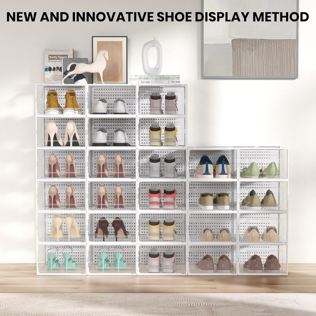 12 Pack XXX-Large Modular Clear Plastic Stackable Shoe Storage Organizer for Closet, Space Saving Versatile Sneaker Shoe Rack Containers Bins Holders, Portable Closet Organizers and Storage, White
