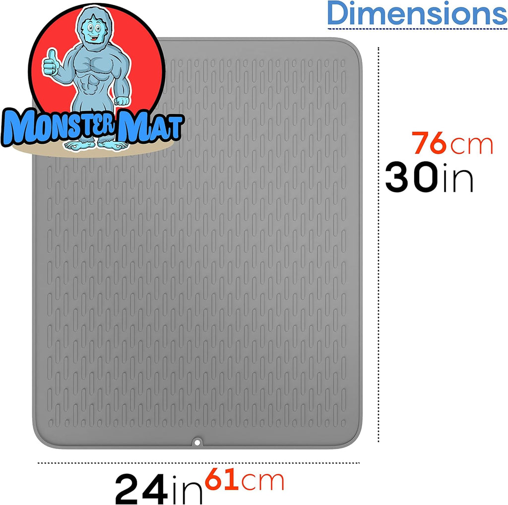 Monster Mat Extra Large Silicone Dish Drying Mat (30"x24") – Heavy Duty & Fast-Drying Silicone Mat - Non-Slip XL Dish Drying Mat For Kitchen Counter - Gray